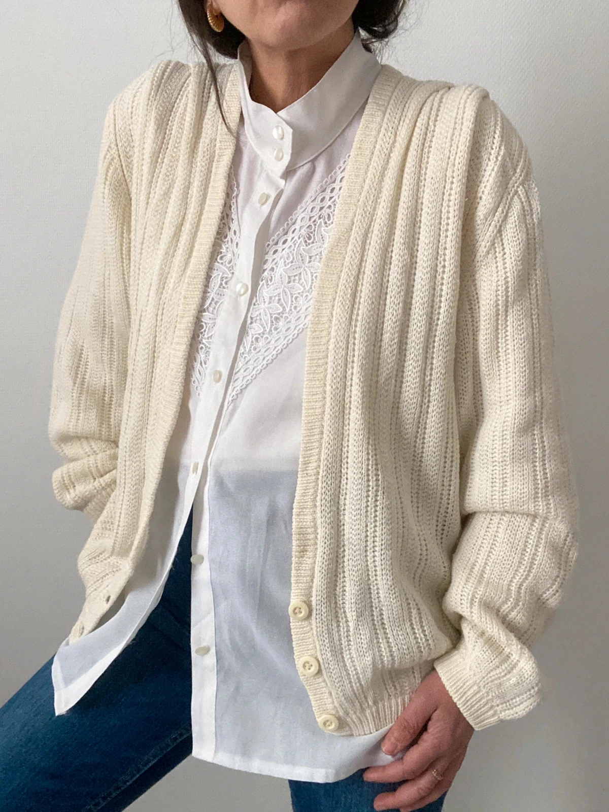 🌺 Cardigan Vintage cru com gola alta – photo 2